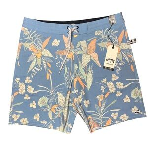 Billabong Blue Floral Recycler Lo Tide Swim Board Shorts Mid Length NWT 34